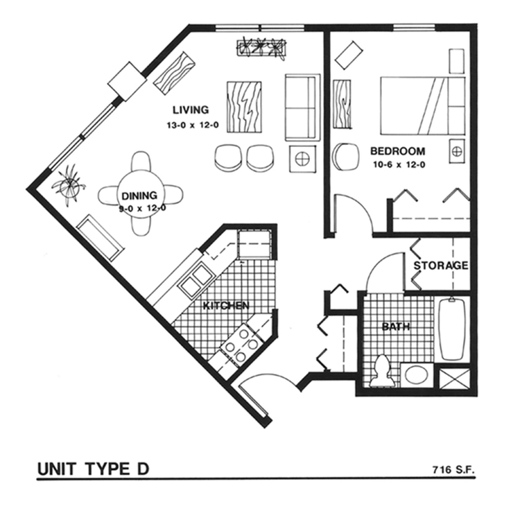 Unit Type D floor plan - one bedroom, 716 square feet