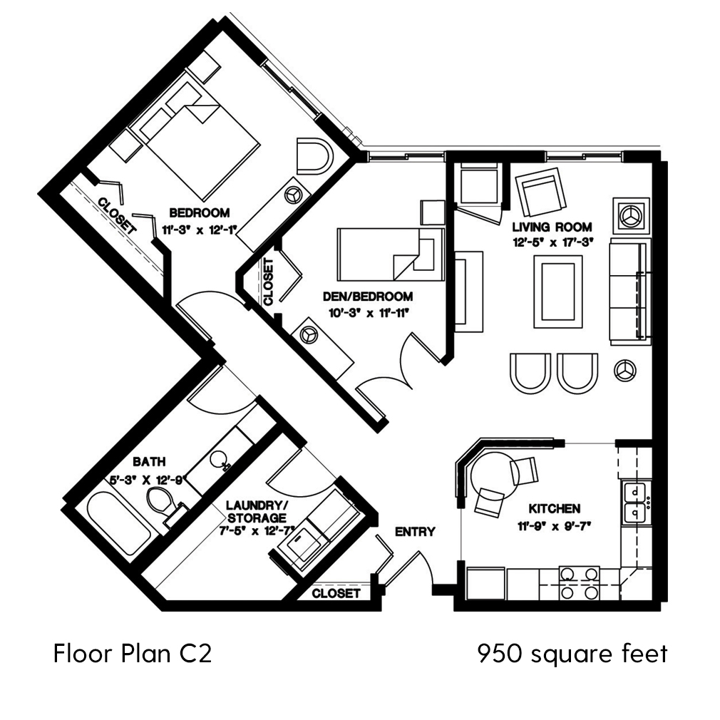 One bedroom with den – 950 square feet